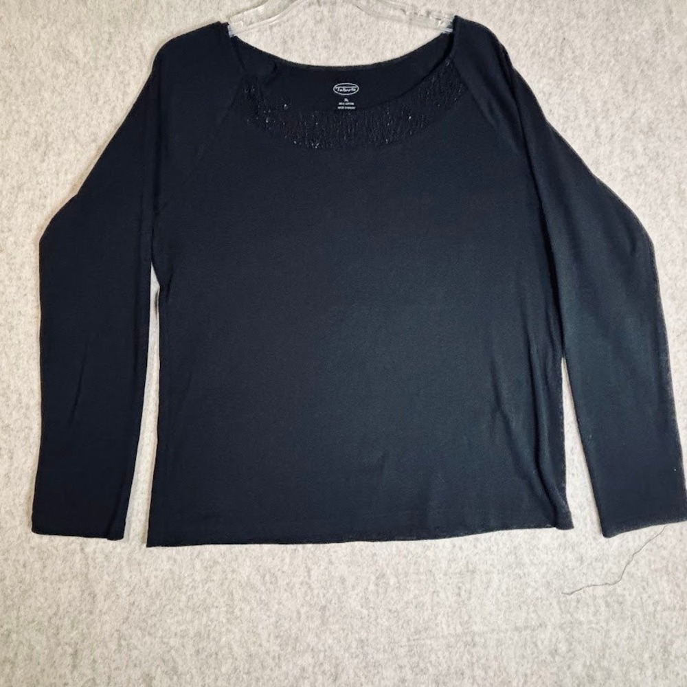 Talbots Top Women XL Black Cotton Sequin Scoop‎ Neck Long Sleeve Chic Classic